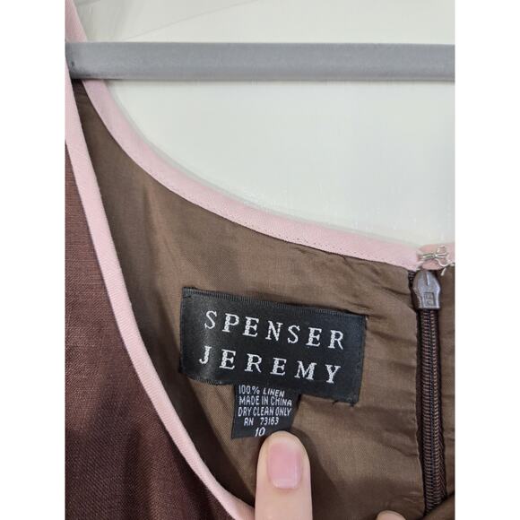 Spenser Jeremy Chocolate Brown Pink 100% Linen Retro Mod Knee Length Dress Sz 10 - Picture 2 of 12